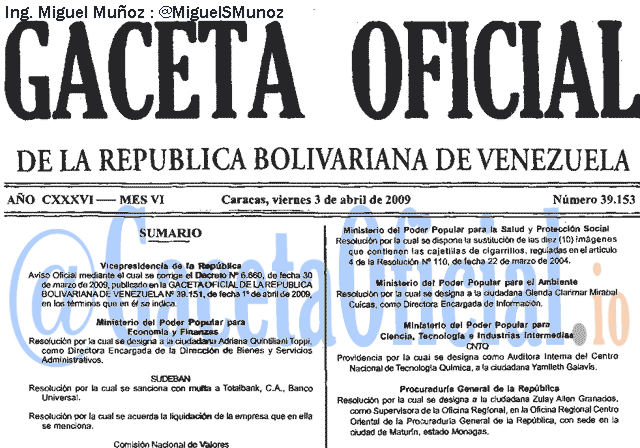 Gaceta Oficial 39153 del 3 Abril 2009