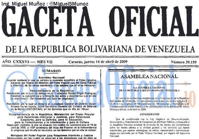 Gaceta Oficial 39159 del 16 Abril 2009
