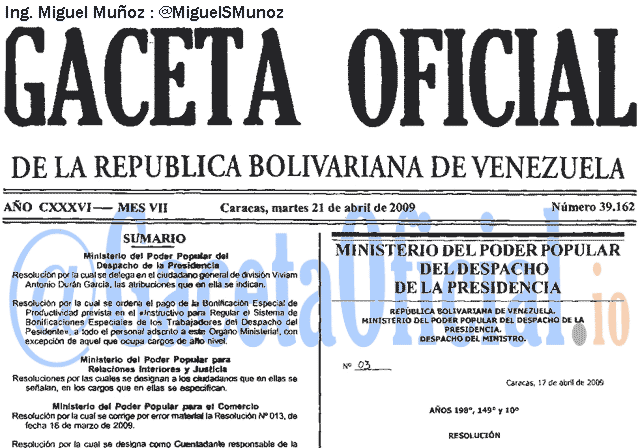 Gaceta Oficial 39162 del 21 Abril 2009