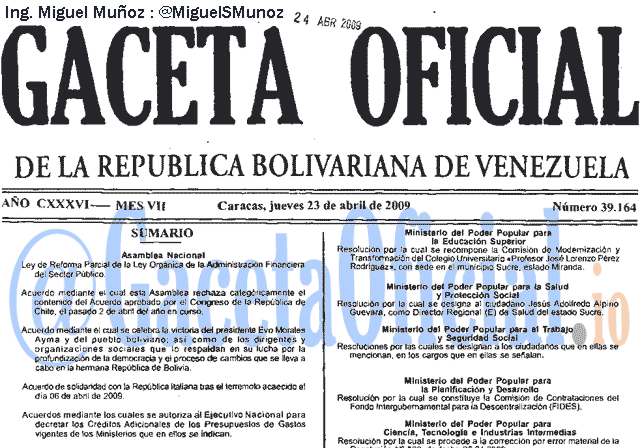 Gaceta Oficial 39164 del 23 Abril 2009