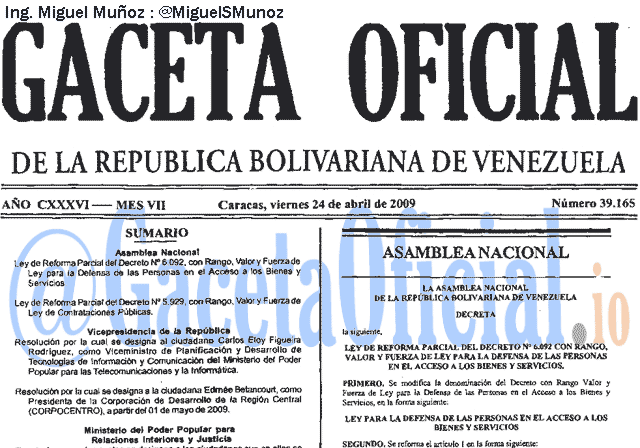 Gaceta Oficial 39165 del 24 Abril 2009