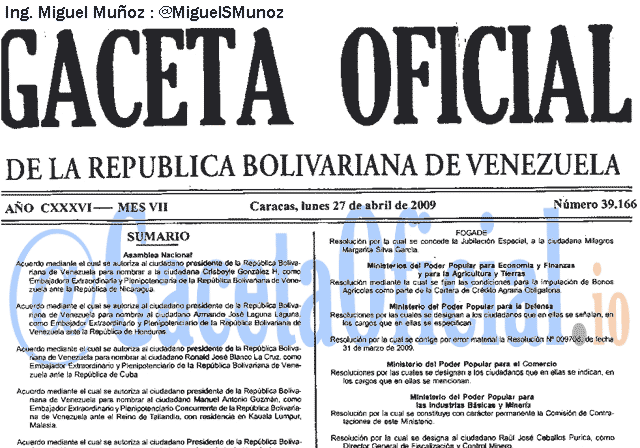 Gaceta Oficial 39166 del 27 Abril 2009