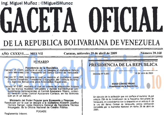 Gaceta Oficial 39168 del 29 Abril 2009