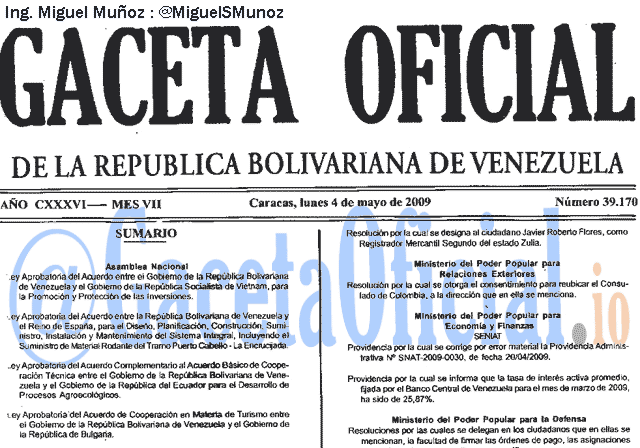 Gaceta Oficial 39170 del 4 Mayo 2009
