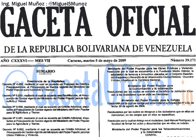 Gaceta Oficial 39171 del 5 Mayo 2009
