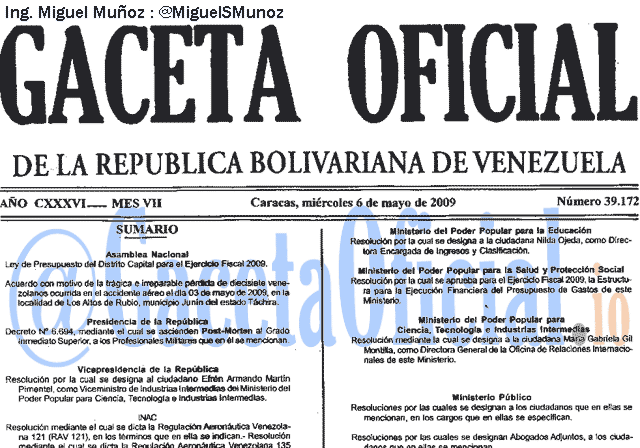 Gaceta Oficial 39172 del 6 Mayo 2009