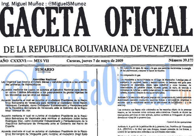 Gaceta Oficial 39173 del 7 Mayo 2009