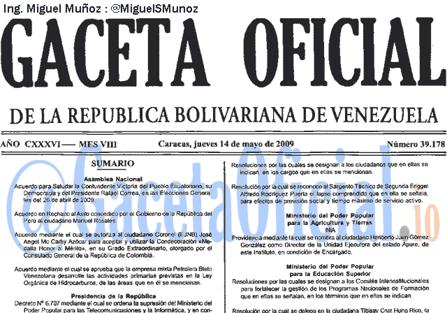 Gaceta Oficial 39178 del 14 Mayo 2009