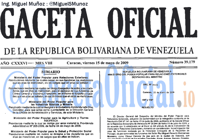 Gaceta Oficial 39179 del 15 Mayo 2009