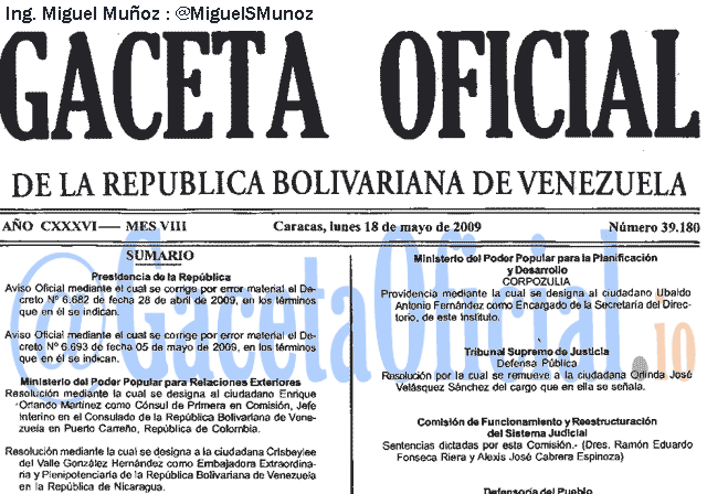 Gaceta Oficial 39180 del 18 Mayo 2009