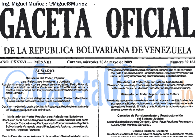 Gaceta Oficial 39182 del 20 Mayo 2009