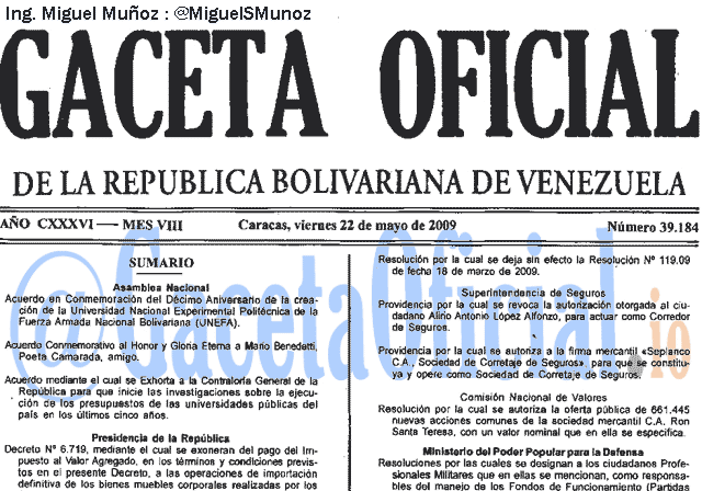 Gaceta Oficial 39184 del 22 Mayo 2009