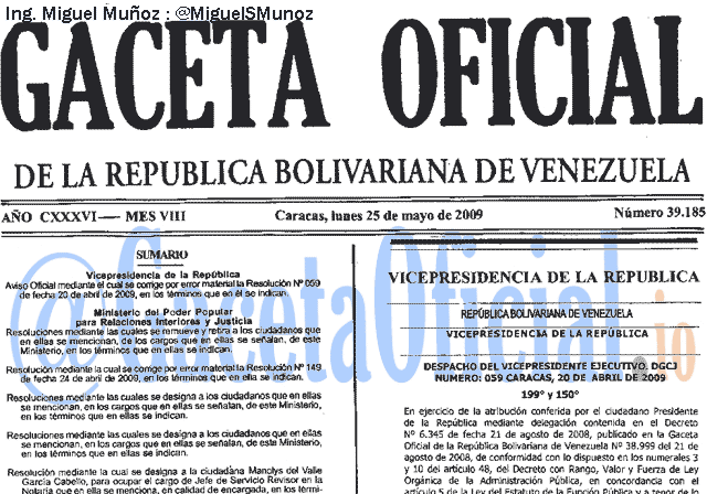 Gaceta Oficial 39185 del 25 Mayo 2009