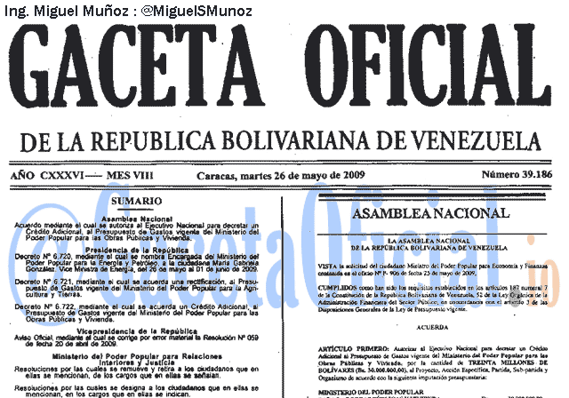 Gaceta Oficial 39186 del 26 Mayo 2009