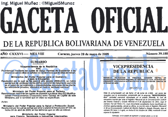 Gaceta Oficial 39188 del 28 Mayo 2009