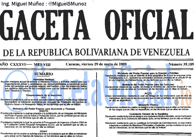 Gaceta Oficial 39189 del 29 Mayo 2009