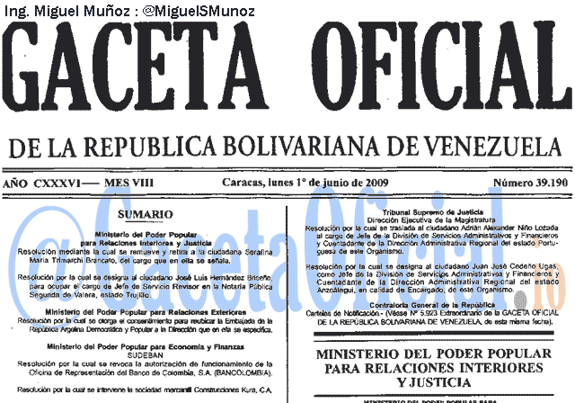 Gaceta Oficial 39190 del 1 Junio 2009