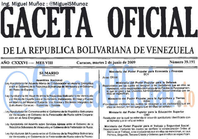 Gaceta Oficial 39191 del 2 Junio 2009