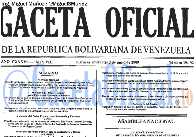 Gaceta Oficial 39192 del 3 Junio 2009