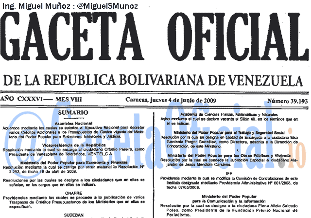 Gaceta Oficial 39193 del 4 Junio 2009