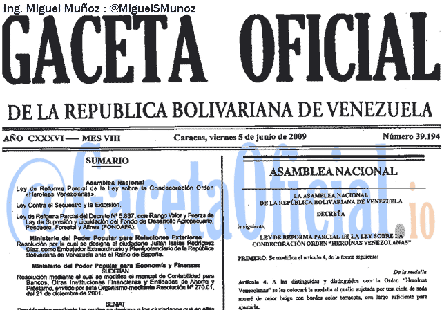 Gaceta Oficial 39194 del 5 Junio 2009