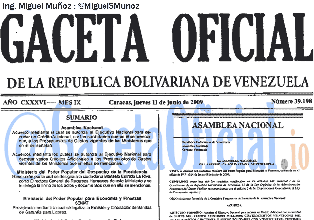 Gaceta Oficial 39198 del 11 Junio 2009