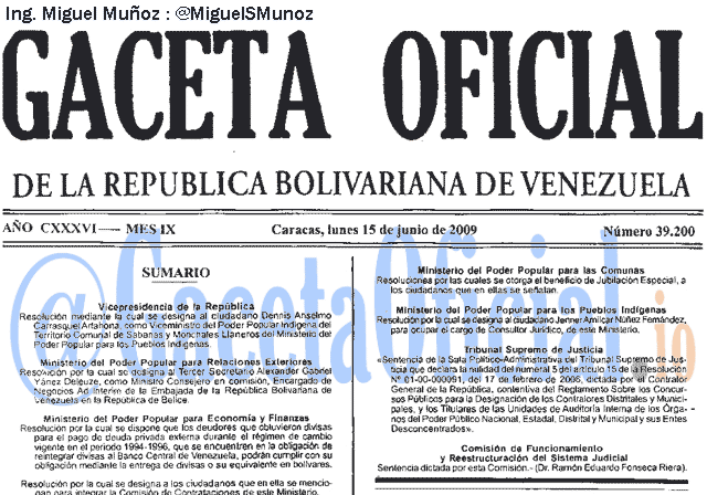 Gaceta Oficial 39200 del 15 Junio 2009