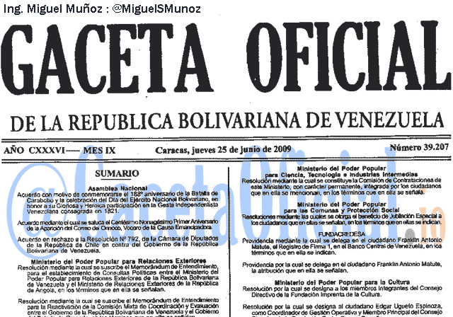 Gaceta Oficial 39207 del 25 Junio 2009