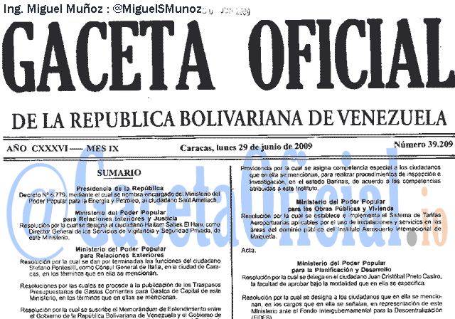 Gaceta Oficial 39209 del 29 Junio 2009