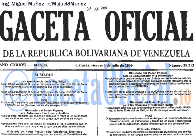 Gaceta Oficial 39213 del 3 Julio 2009
