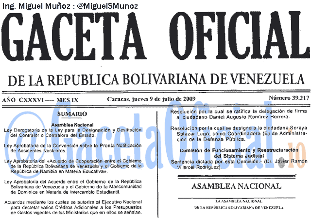 Gaceta Oficial 39217 del 9 Julio 2009
