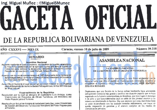 Gaceta Oficial 39218 del 10 Julio 2009