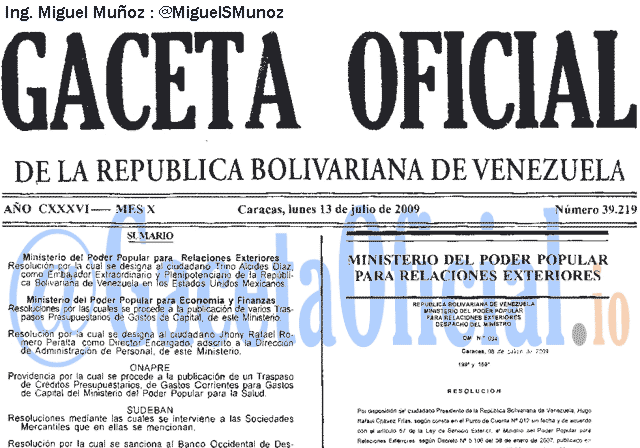 Gaceta Oficial 39219 del 13 Julio 2009