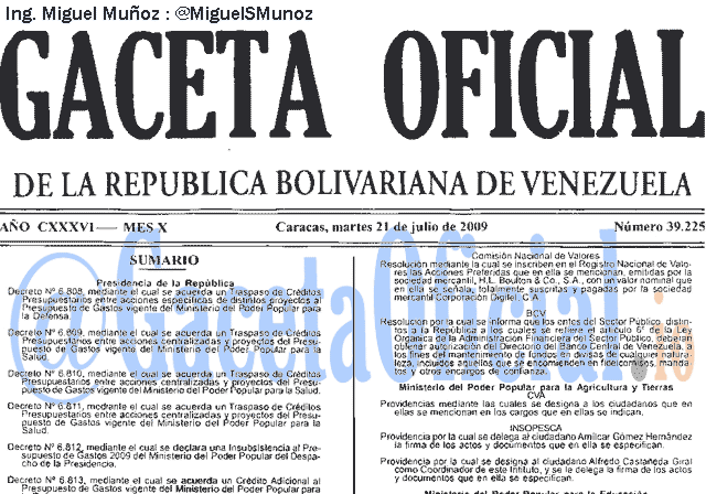 Gaceta Oficial 39225 del 21 Julio 2009