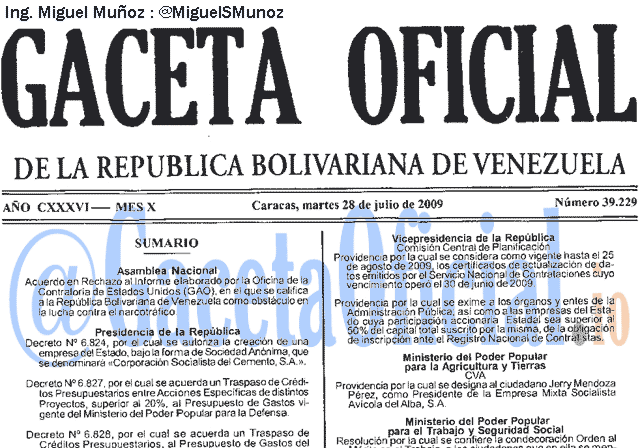 Gaceta Oficial 39229 del 28 Julio 2009