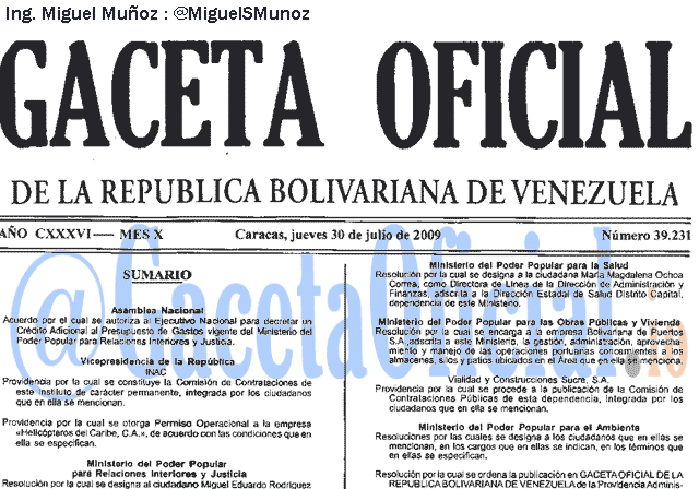 Gaceta Oficial 39231 del 30 Julio 2009