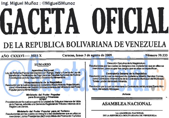 Gaceta Oficial 39233 del 3 Agosto 2009