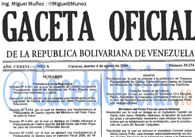 Gaceta Oficial 39234 del 4 Agosto 2009