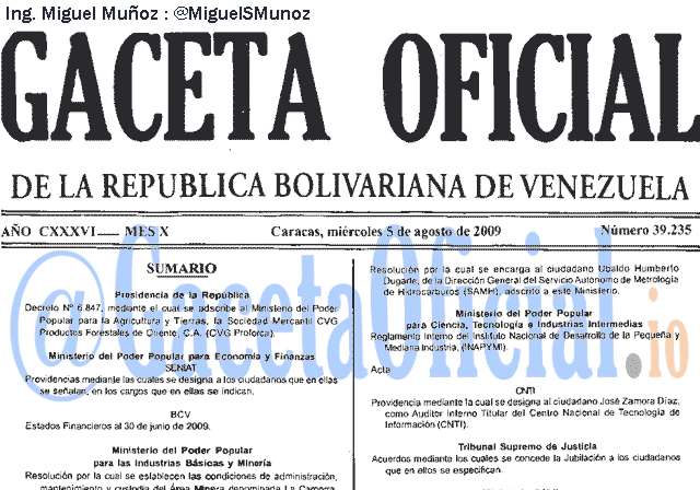 Gaceta Oficial 39235 del 5 Agosto 2009