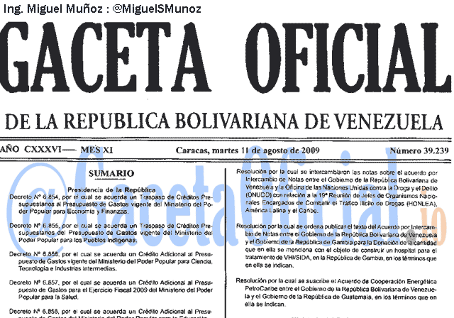 Gaceta Oficial 39239 del 11 Agosto 2009