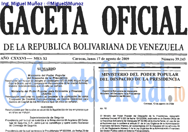 Gaceta Oficial 39243 del 17 Agosto 2009