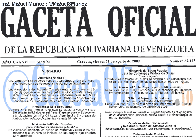 Gaceta Oficial 39247 del 21 Agosto 2009
