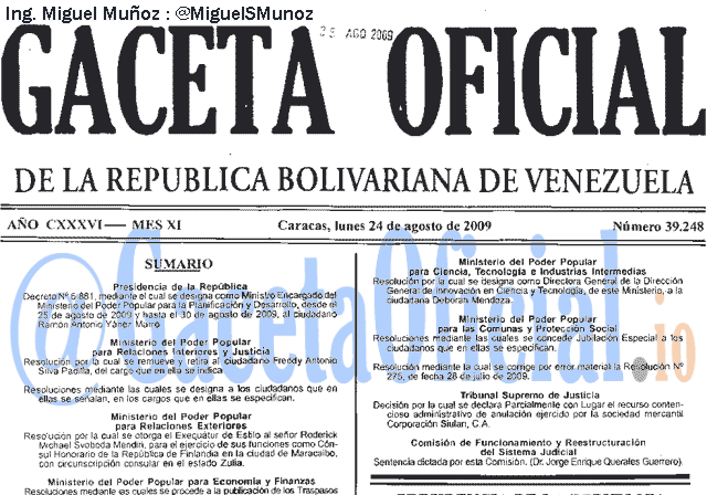 Gaceta Oficial 39248 del 24 Agosto 2009