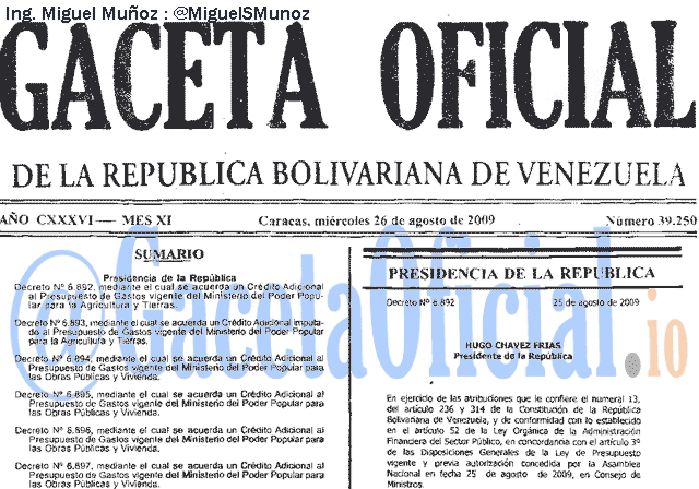 Gaceta Oficial 39250 del 26 Agosto 2009