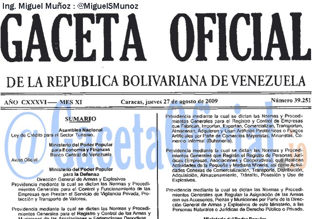 Gaceta Oficial 39251 del 27 Agosto 2009