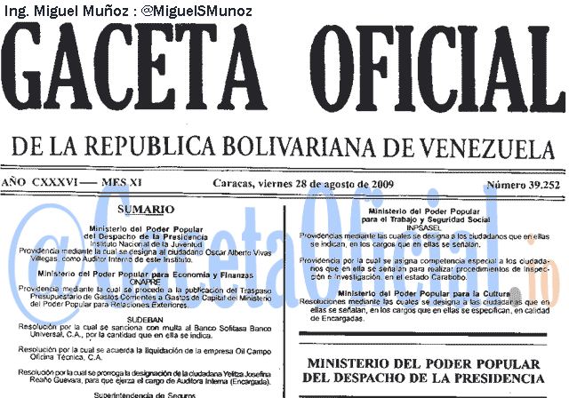 Gaceta Oficial 39252 del 28 Agosto 2009