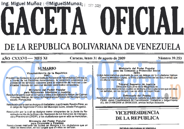 Gaceta Oficial 39253 del 31 Agosto 2009