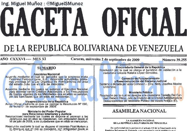 Gaceta Oficial 39255 del 2 Septiembre 2009