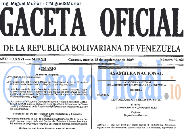 Gaceta Oficial 39264 del 15 Septiembre 2009