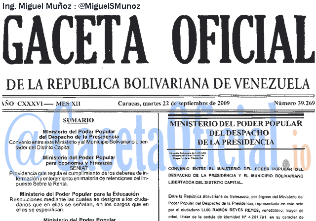 Gaceta Oficial 39269 del 22 Septiembre 2009